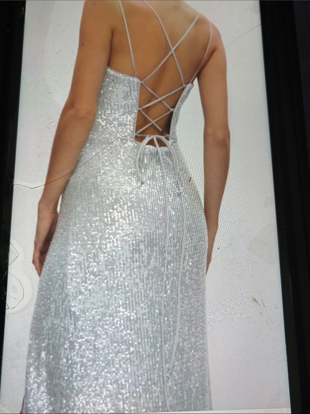 Silver Sequin Lace-Up Back Evening Dress